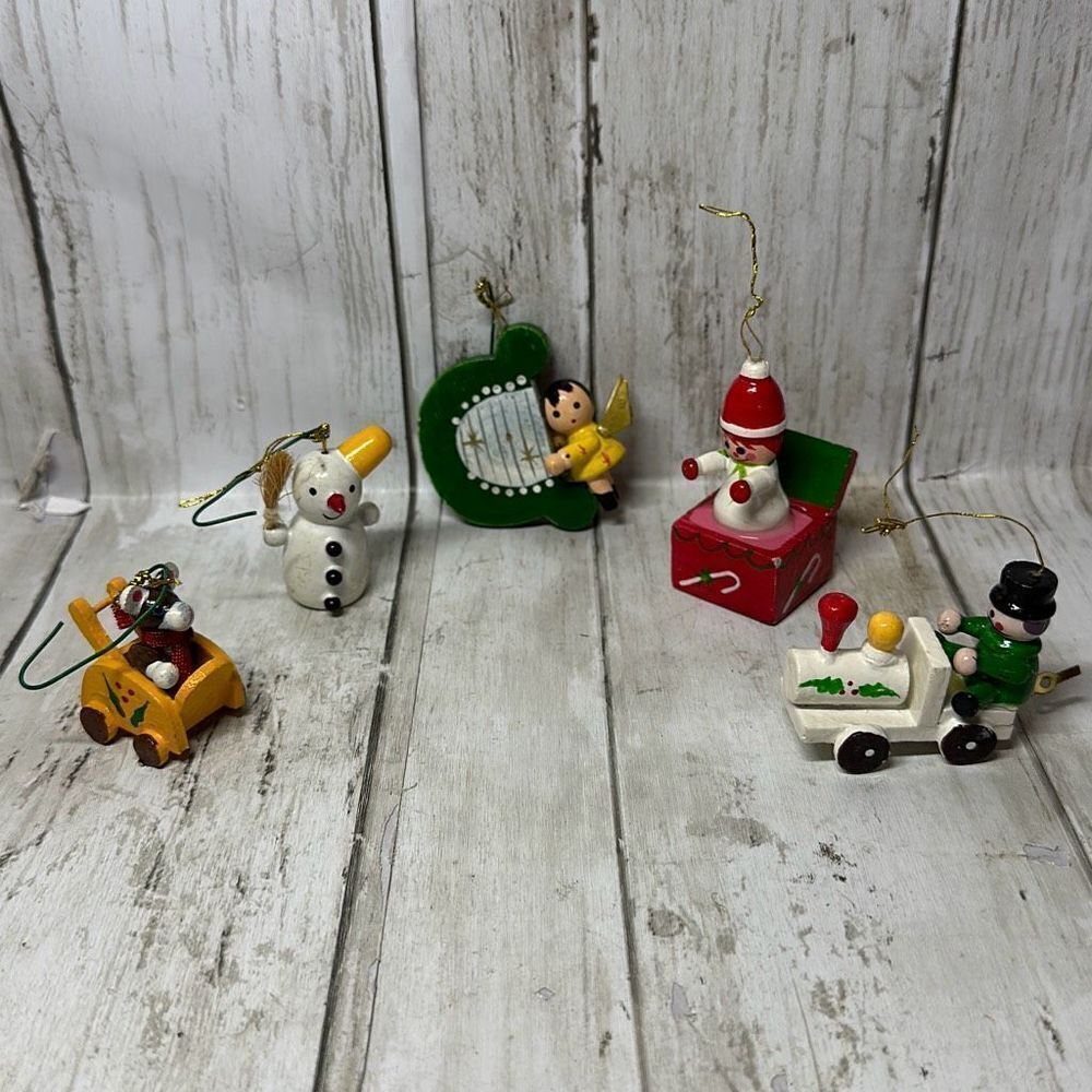 Vintage Wooden Christmas Ornaments set of 5‎ Snowman Jack-in-the-box Train Harp